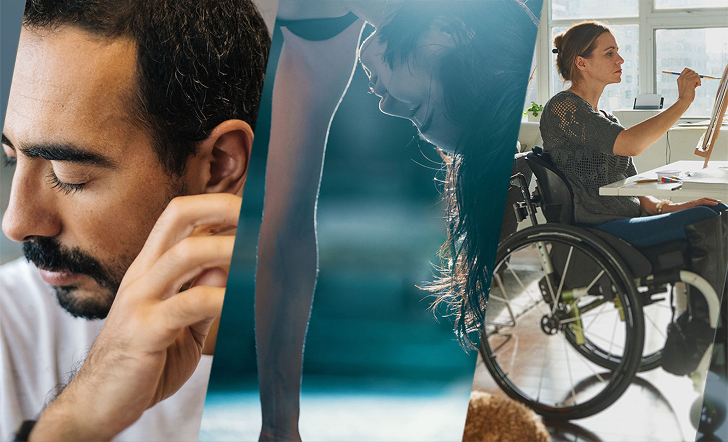 Три споени слики на кои има човек со затворени очи, човек кој стои на раце и човек во инвалидска количка кој црта на платно.