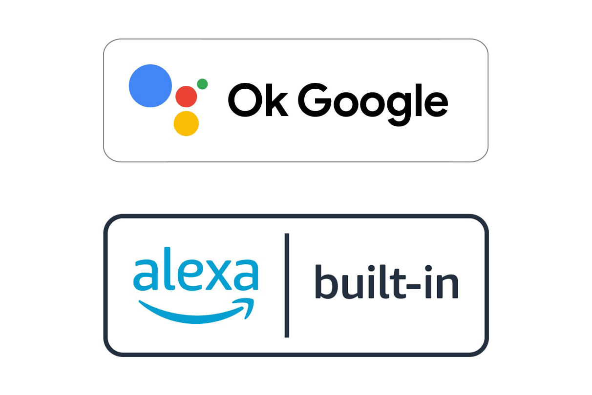 Слика од логото „Ok Google“ и логото „alexa built-in“