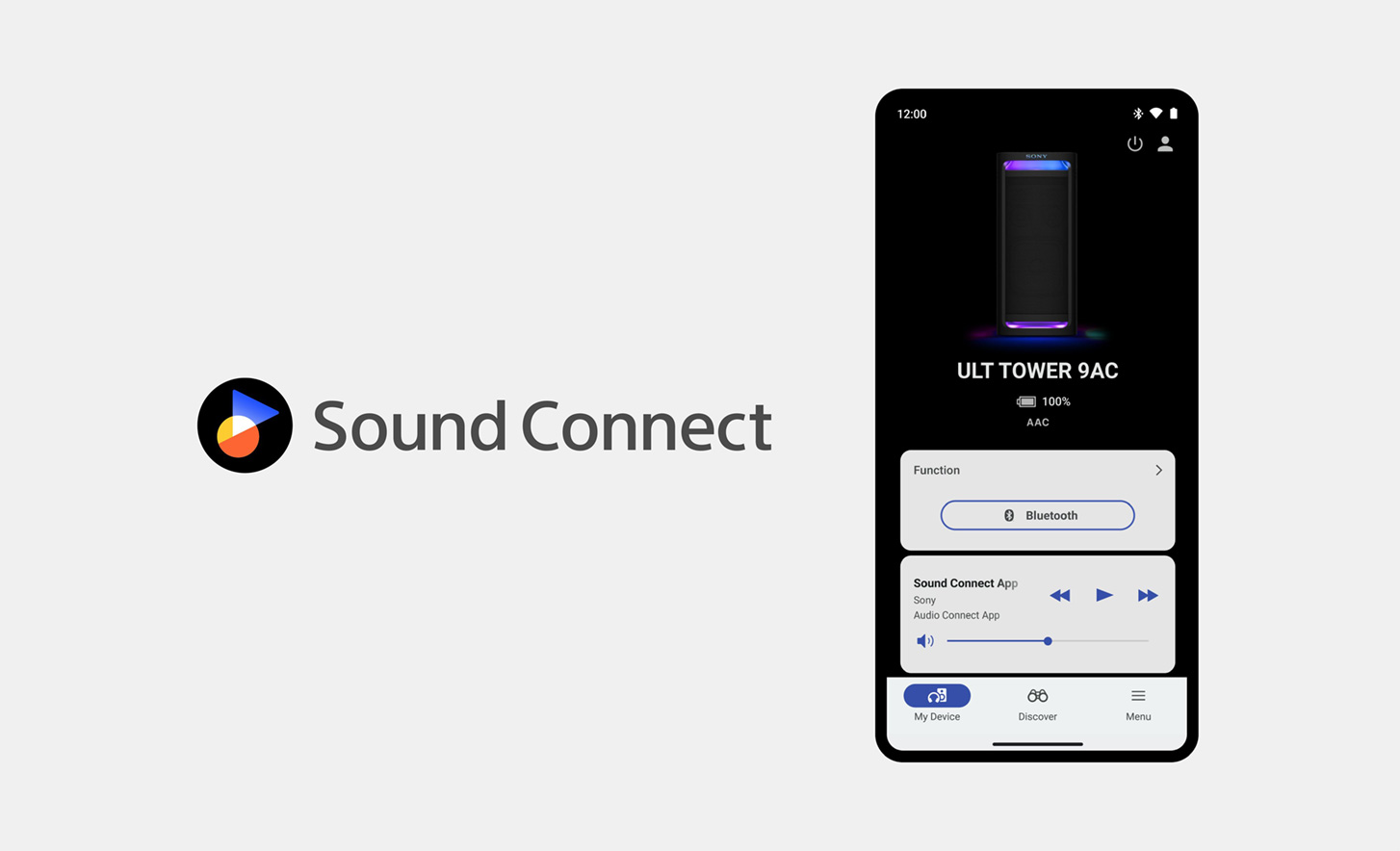 Логото Sound Connect до слика од мобилен телефон со отворена апликација Sony Connect на екранот која тековно се користи