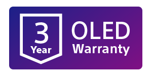 Виолетово лого кое содржи слика од штит и текст „3 year OLED warranty“